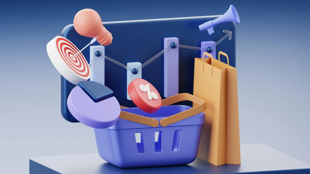 3D illustration of a shopping basket surrounded by icons like a bullseye, a percent sign, a megaphone, a lightbulb, and shopping bags, with a rising graph displayed on a monitor in the background. | COYYN
